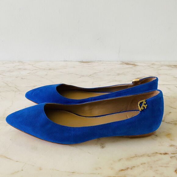 TORY BURCH Solid Blue Suede Leather Flats Gold Side Logo - US 7 - Picture 6 of 11
